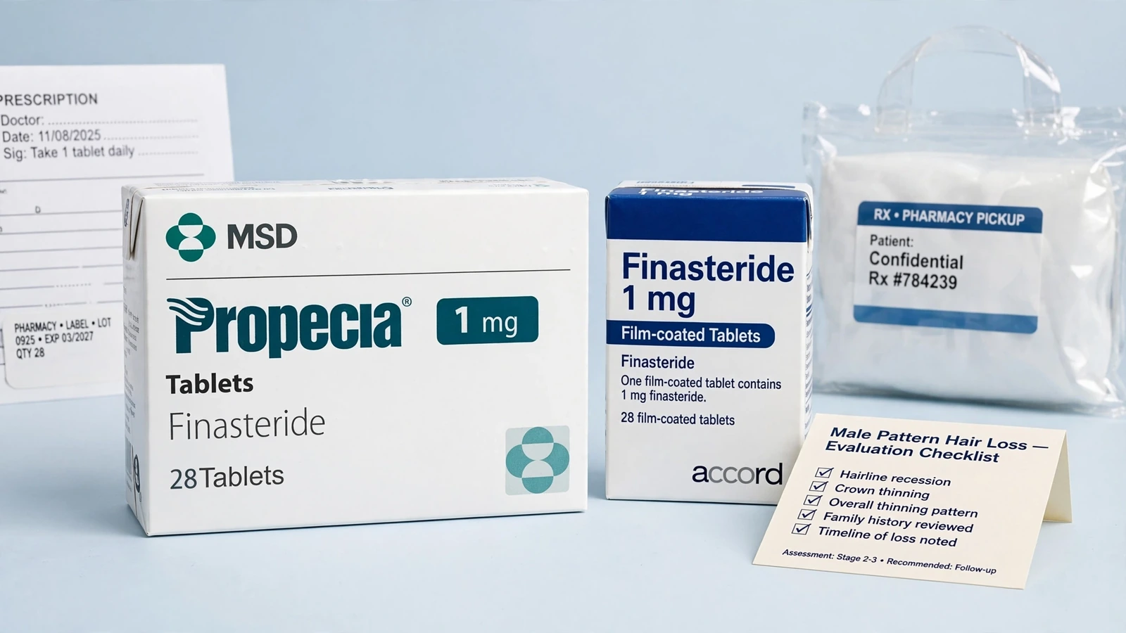Propecia and finasteride pharmacy packaging for What a Male Pattern Hair Loss Evaluation Looks For