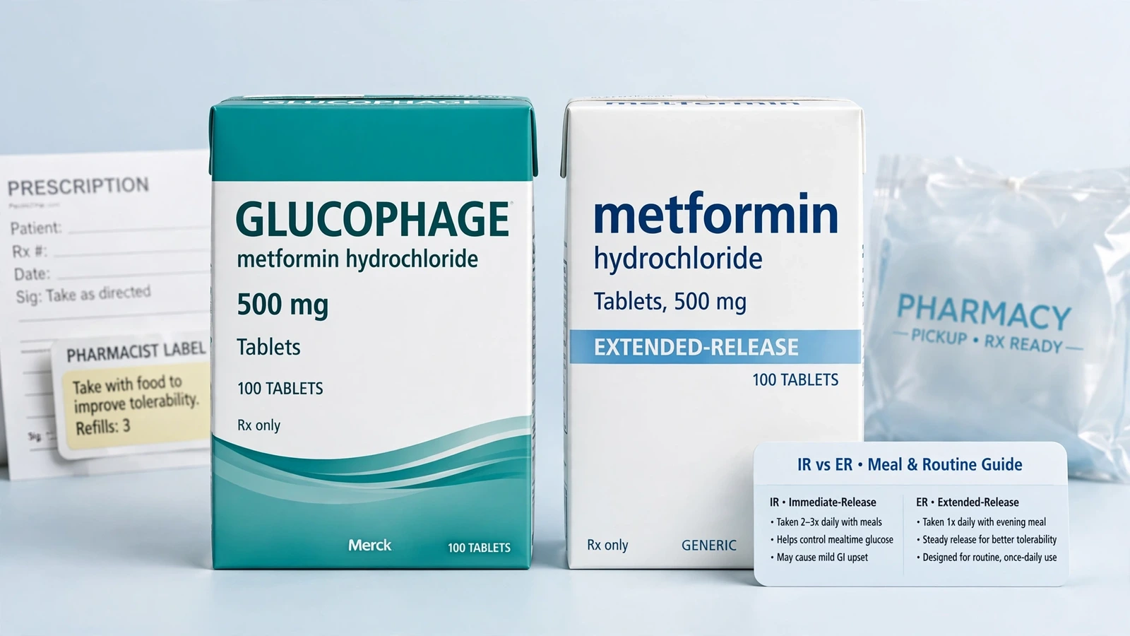 Glucophage and metformin pharmacy packaging for Metformin Immediate-Release vs Extended-Release