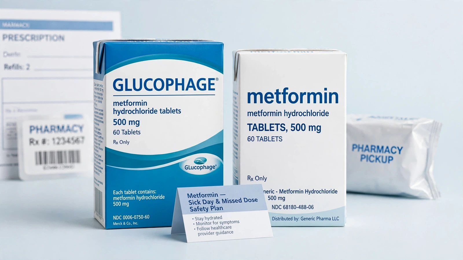 Glucophage and metformin pharmacy packaging for Metformin Missed Doses and Sick-Day Decisions