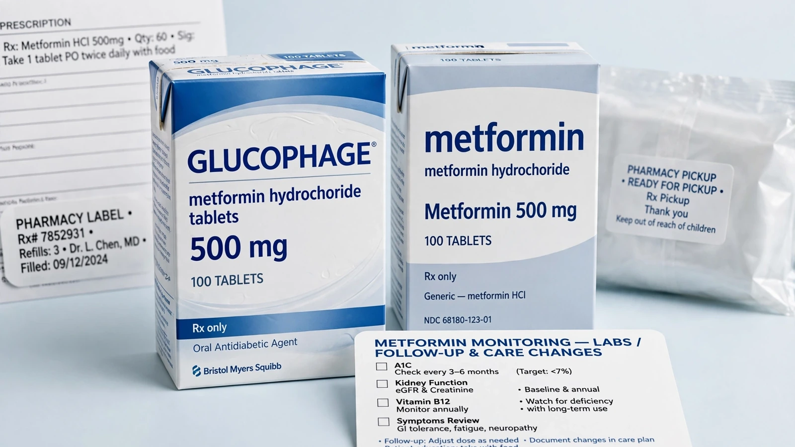 Glucophage and metformin pharmacy packaging for Metformin Monitoring Through Routine and Acute Changes