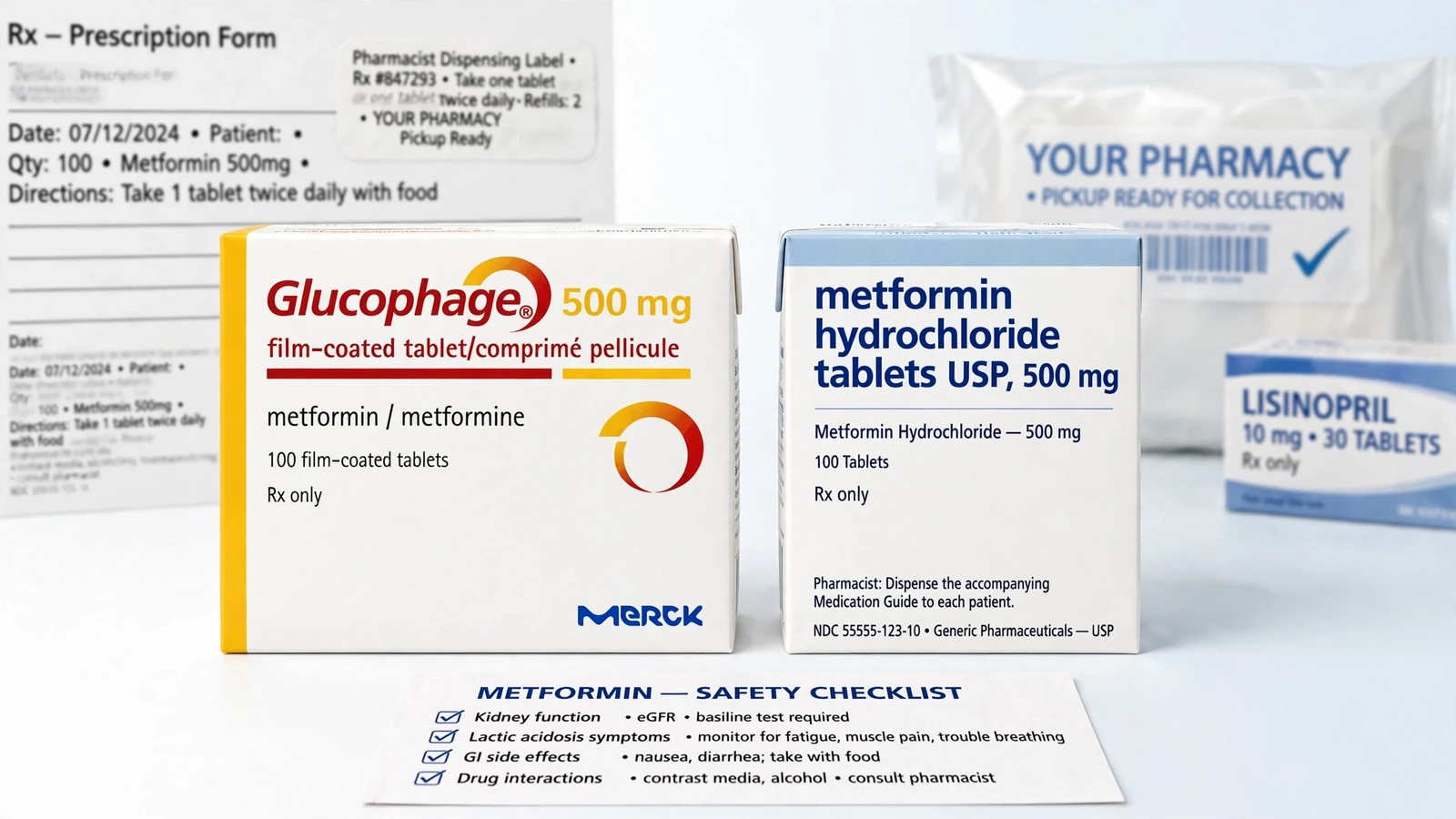 Glucophage and metformin pharmacy packaging for Metformin Safety Across Symptoms, Kidneys and Medicines