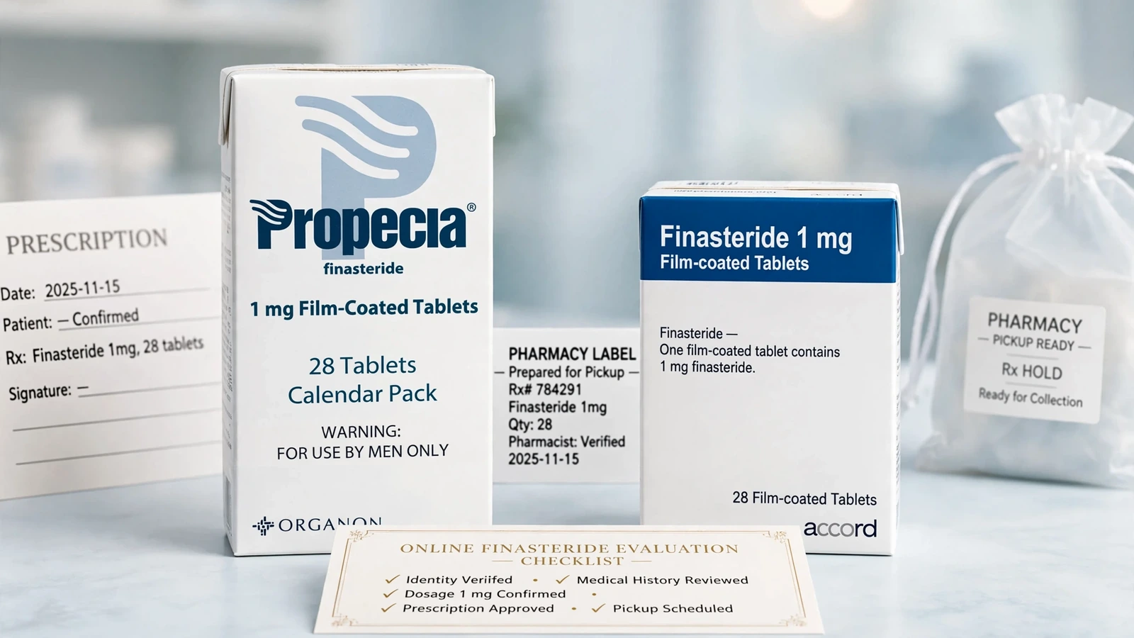 Propecia and finasteride pharmacy packaging for What an Online Finasteride Evaluation Should Review