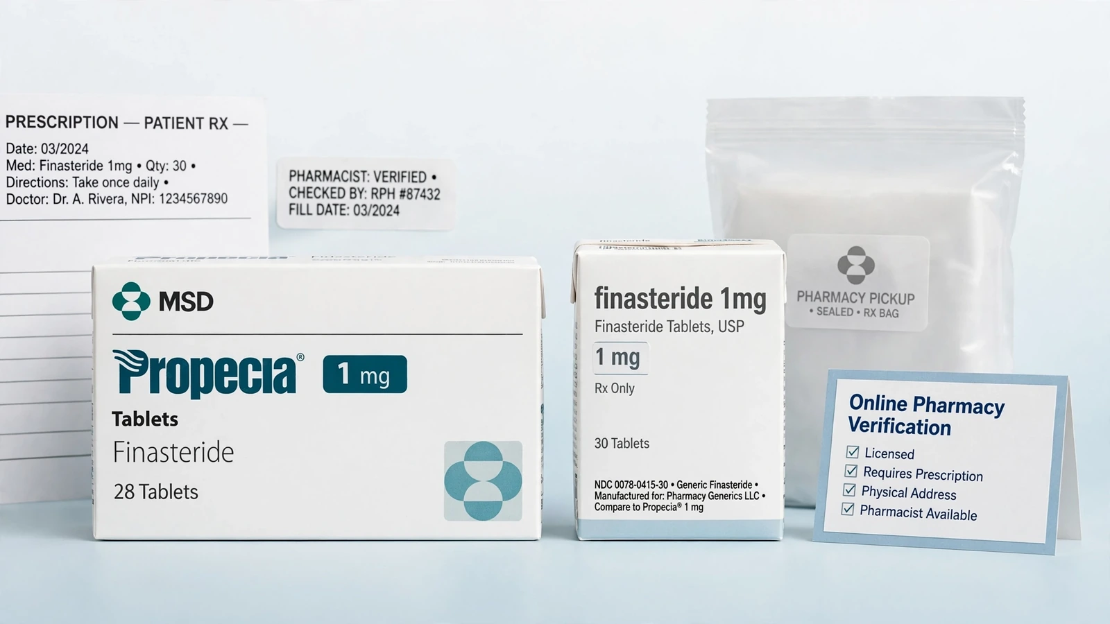 Propecia and finasteride pharmacy packaging for How to Verify an Online Pharmacy Before Filling Finasteride