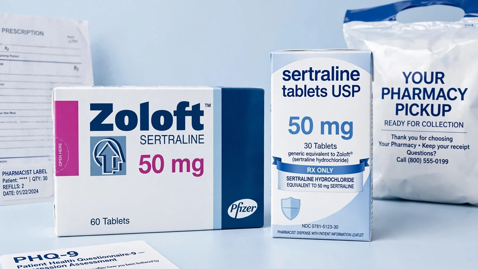 Zoloft and sertraline pharmacy packaging for Sertraline for Depression: Assessment, Safety, and Follow-Up