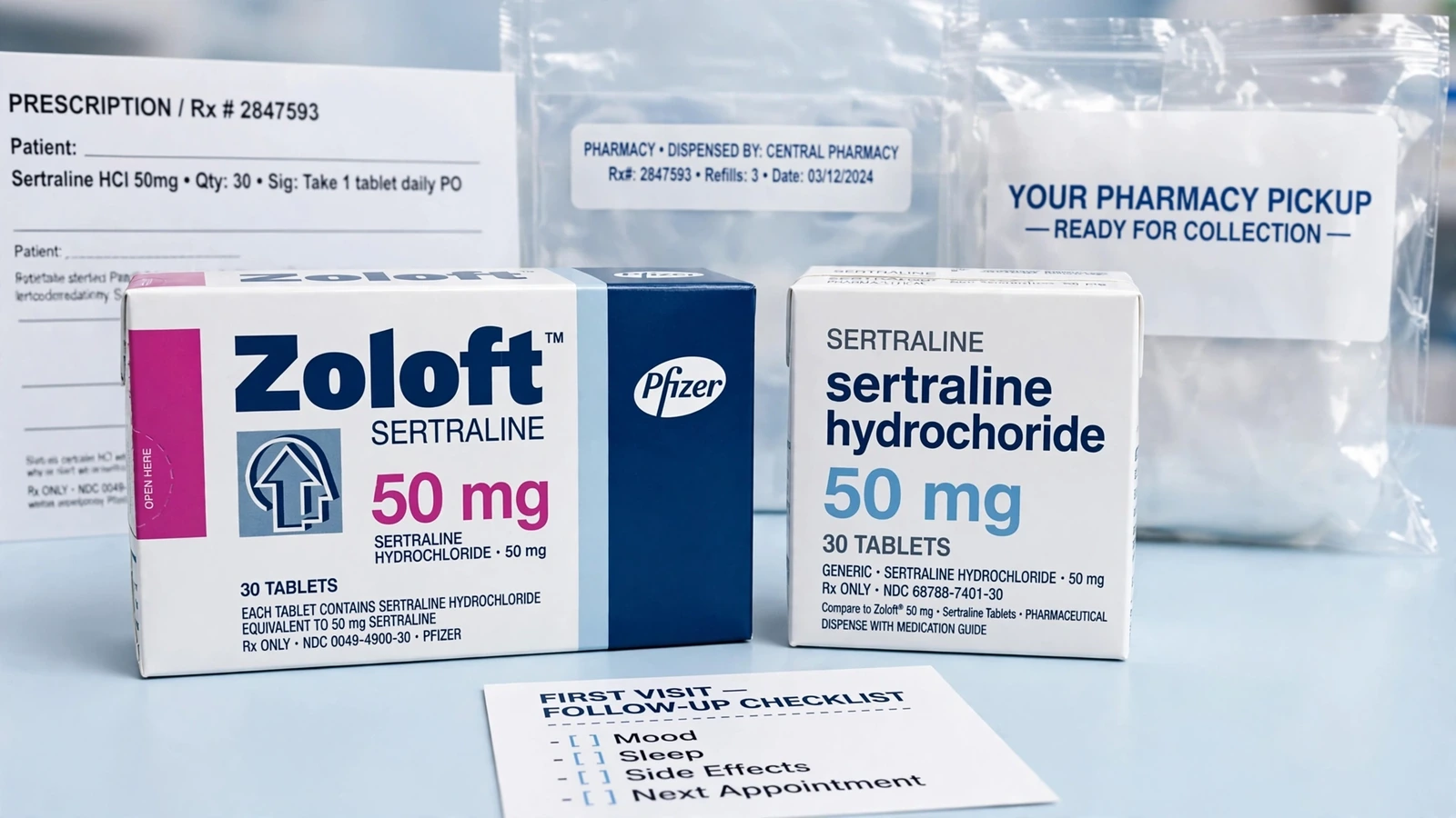 Zoloft and sertraline pharmacy packaging for Your First Sertraline Appointment and Follow-Up Plan