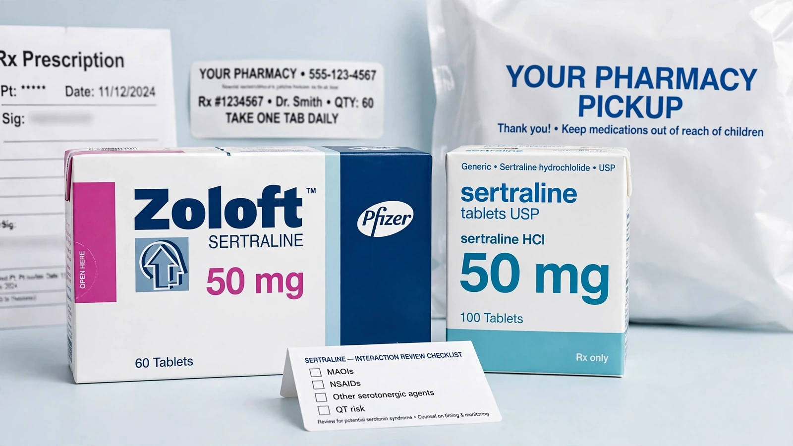 Zoloft and sertraline pharmacy packaging for Sertraline Interactions: Contraindications, Bleeding, and Serotonin Risk
