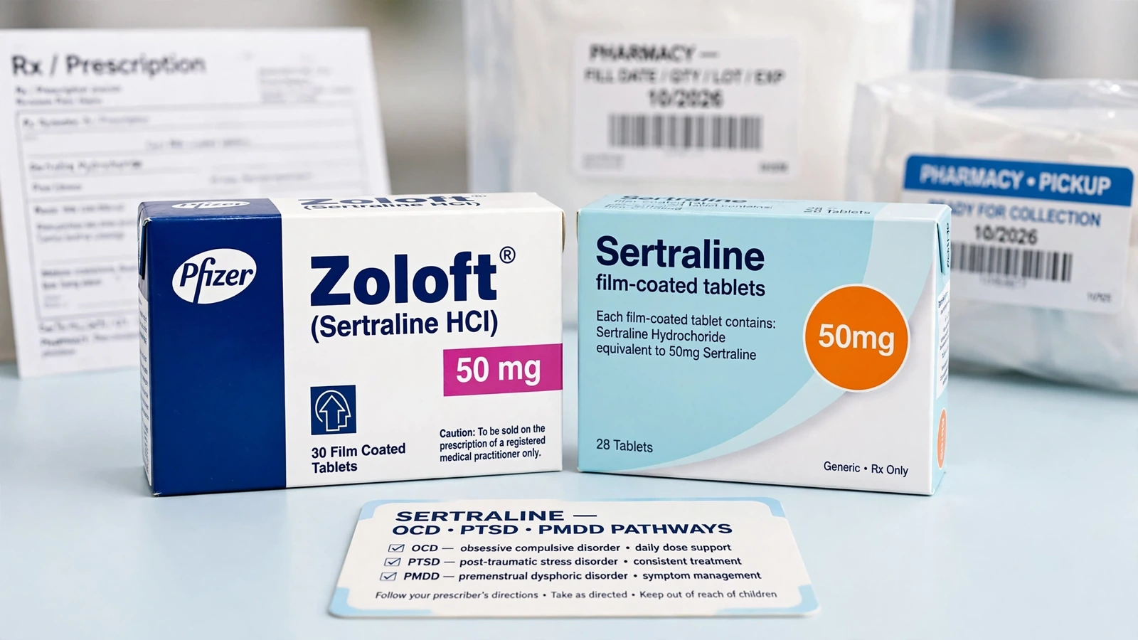 Zoloft and sertraline pharmacy packaging for Sertraline for OCD, PTSD, and PMDD: Three Distinct Assessments