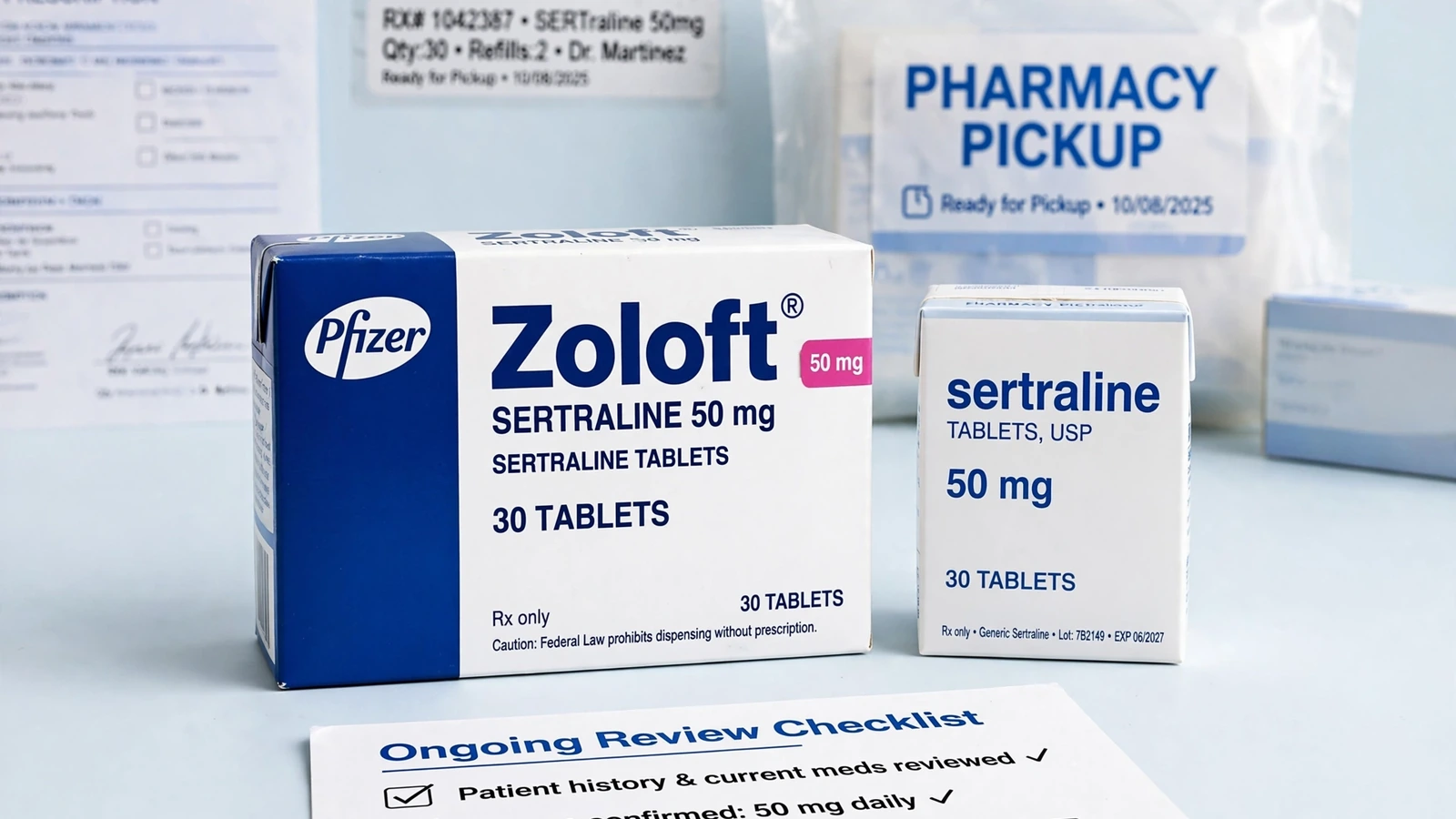 Zoloft and sertraline pharmacy packaging for Sertraline Medication Review Checklist for Ongoing Care