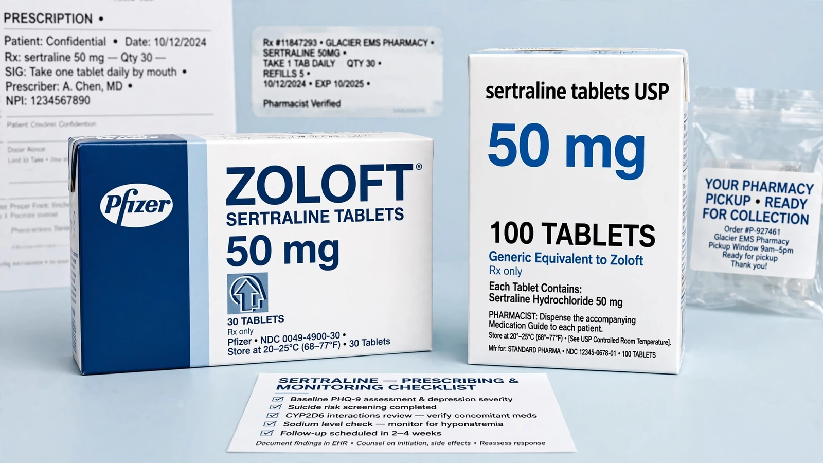 Zoloft and sertraline pharmacy packaging for Sertraline Prescribing and Monitoring From Intake to Follow-Up
