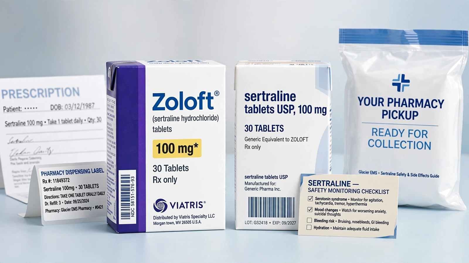Zoloft and sertraline pharmacy packaging for Sertraline Safety: Side Effects, Interactions, and Warnings