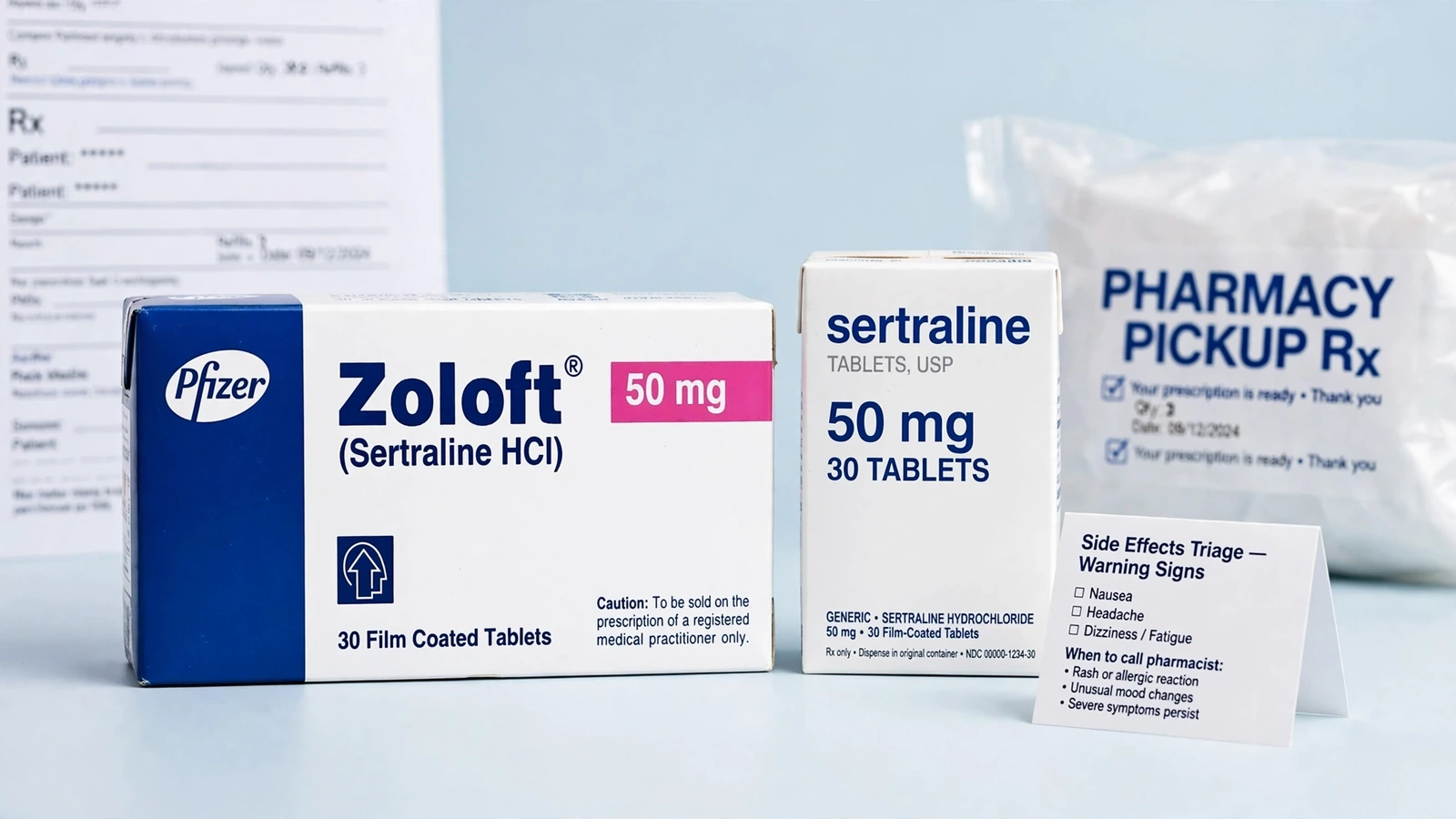 Zoloft and sertraline pharmacy packaging for Sertraline Side Effects: Monitor, Call, or Seek Urgent Care
