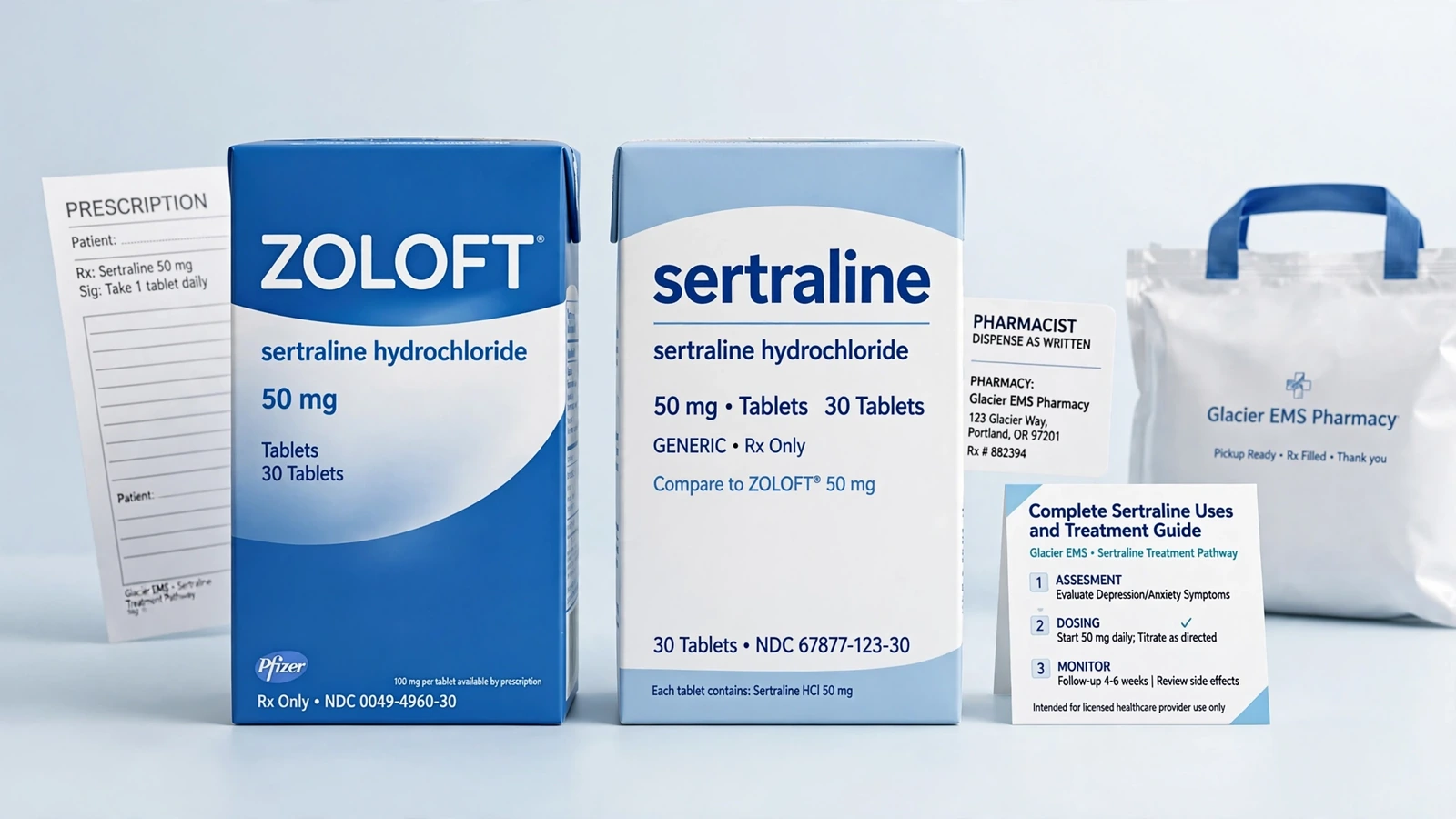 Zoloft and sertraline pharmacy packaging for Sertraline Uses and Treatment: A Diagnosis-Led Guide