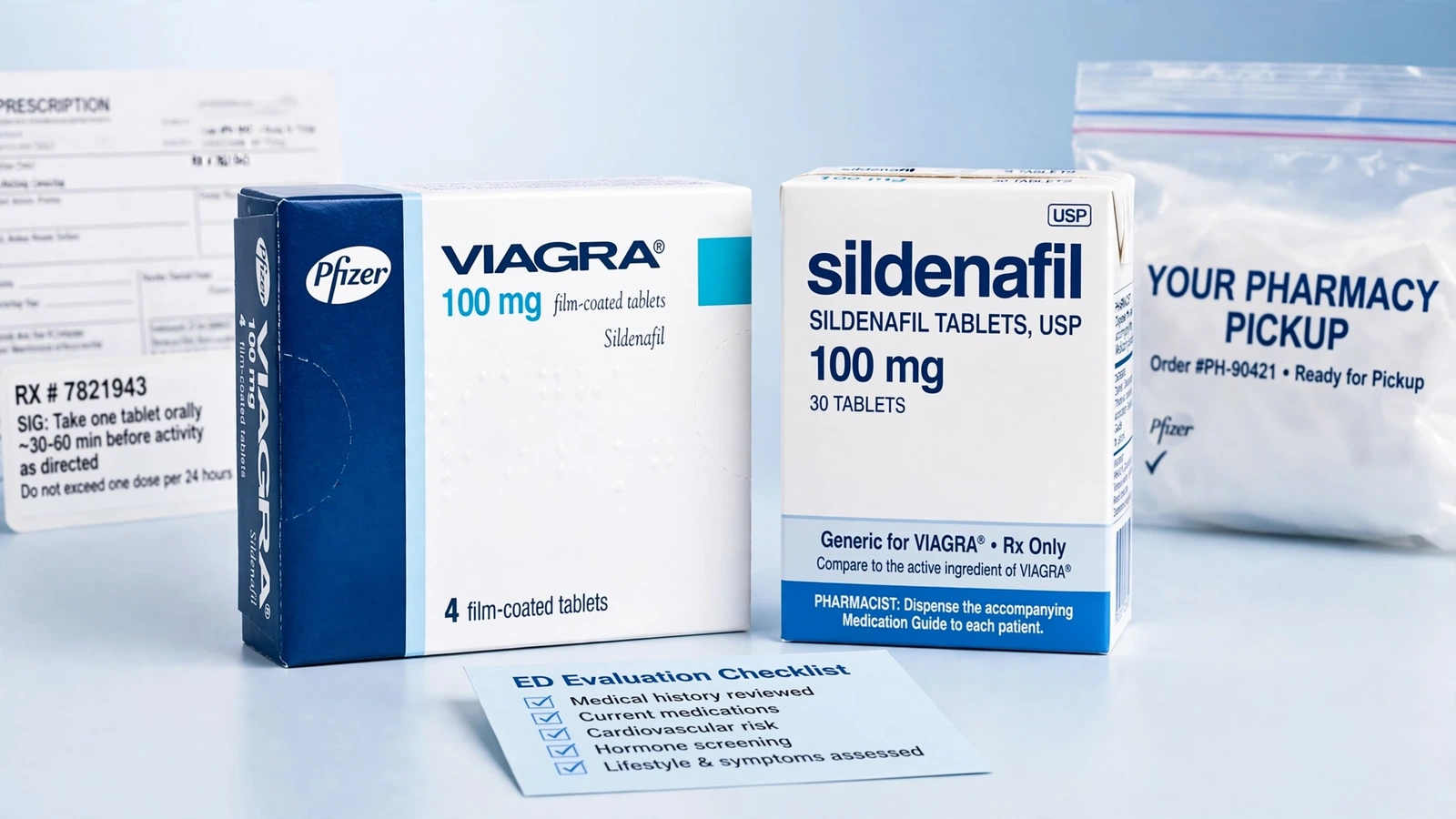 Viagra and sildenafil pharmacy packaging for Sildenafil for Erectile Dysfunction: Evaluation and Use