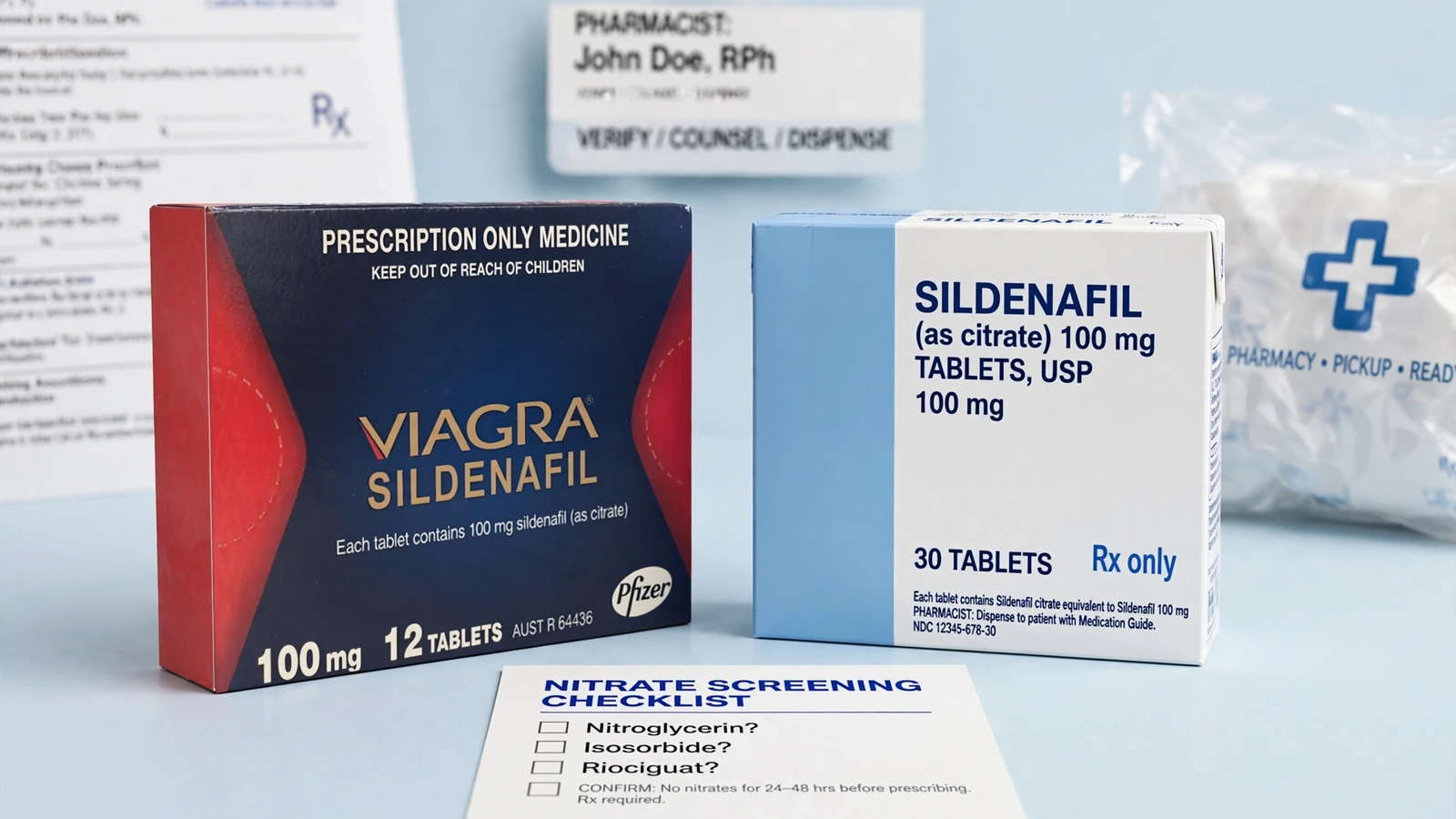 Viagra and sildenafil pharmacy packaging for Sildenafil, Nitrates, and Blood Pressure Safety