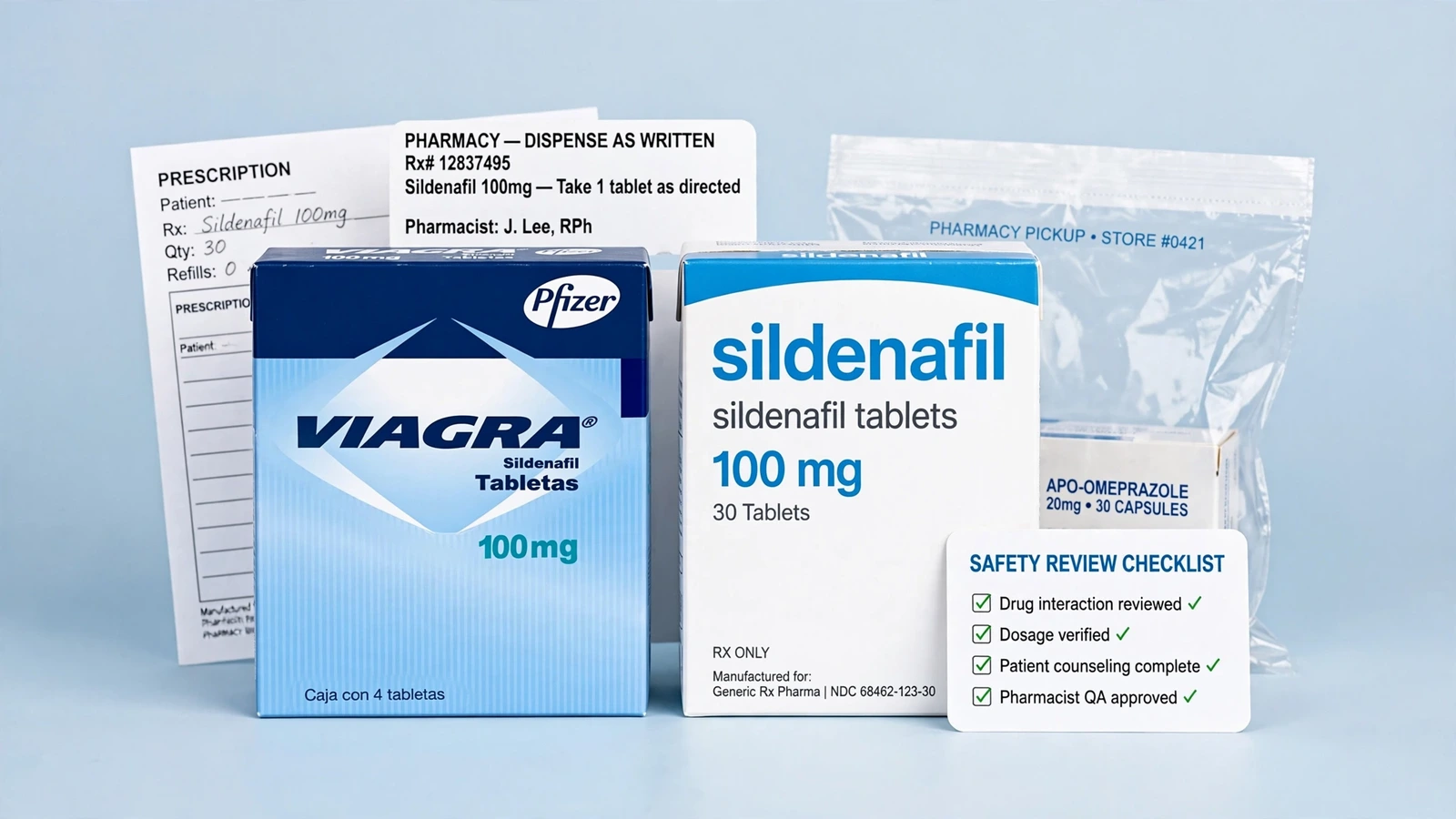 Viagra and sildenafil pharmacy packaging for Sildenafil Safety, Interactions, and Monitoring