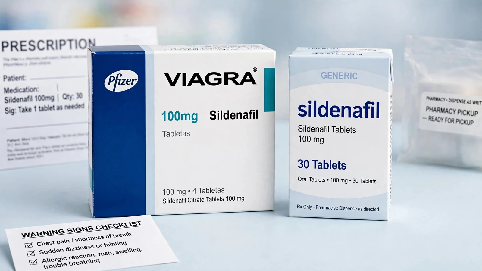 Viagra and sildenafil pharmacy packaging for Sildenafil Side Effects and Urgent Warning Signs