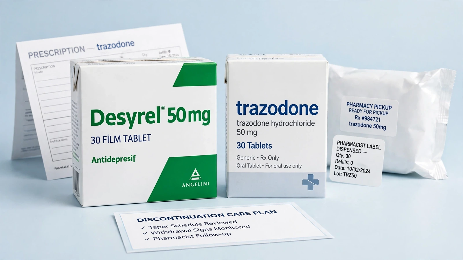 Desyrel and trazodone pharmacy packaging for Stopping Trazodone With a Clinical Reduction Plan