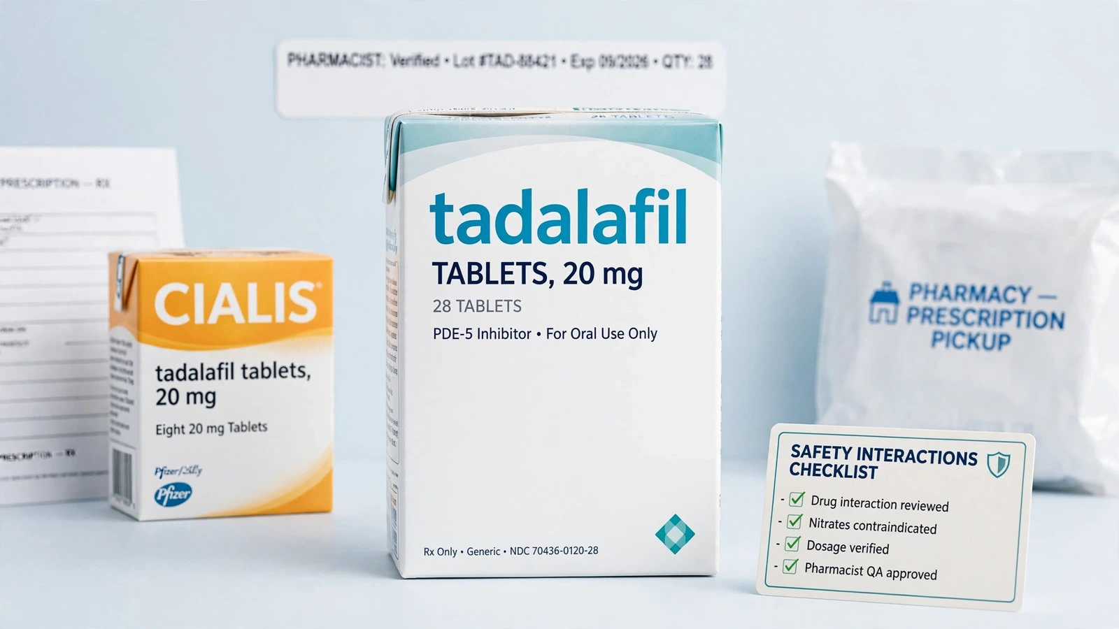 Cialis and tadalafil pharmacy packaging for Tadalafil Safety: Side Effects, Interactions, and Choices