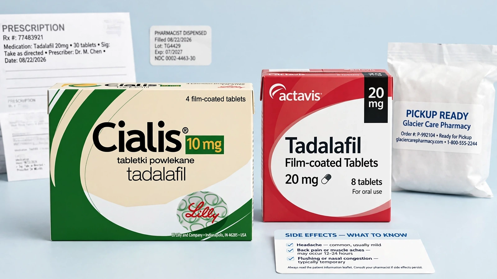Cialis and tadalafil pharmacy packaging for Tadalafil Side Effects: Common, Serious, and Urgent