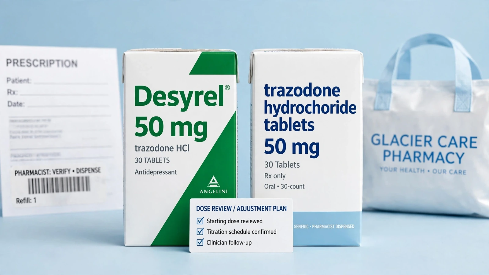 Desyrel and trazodone pharmacy packaging for Trazodone Dosage Decisions and Administration Checks