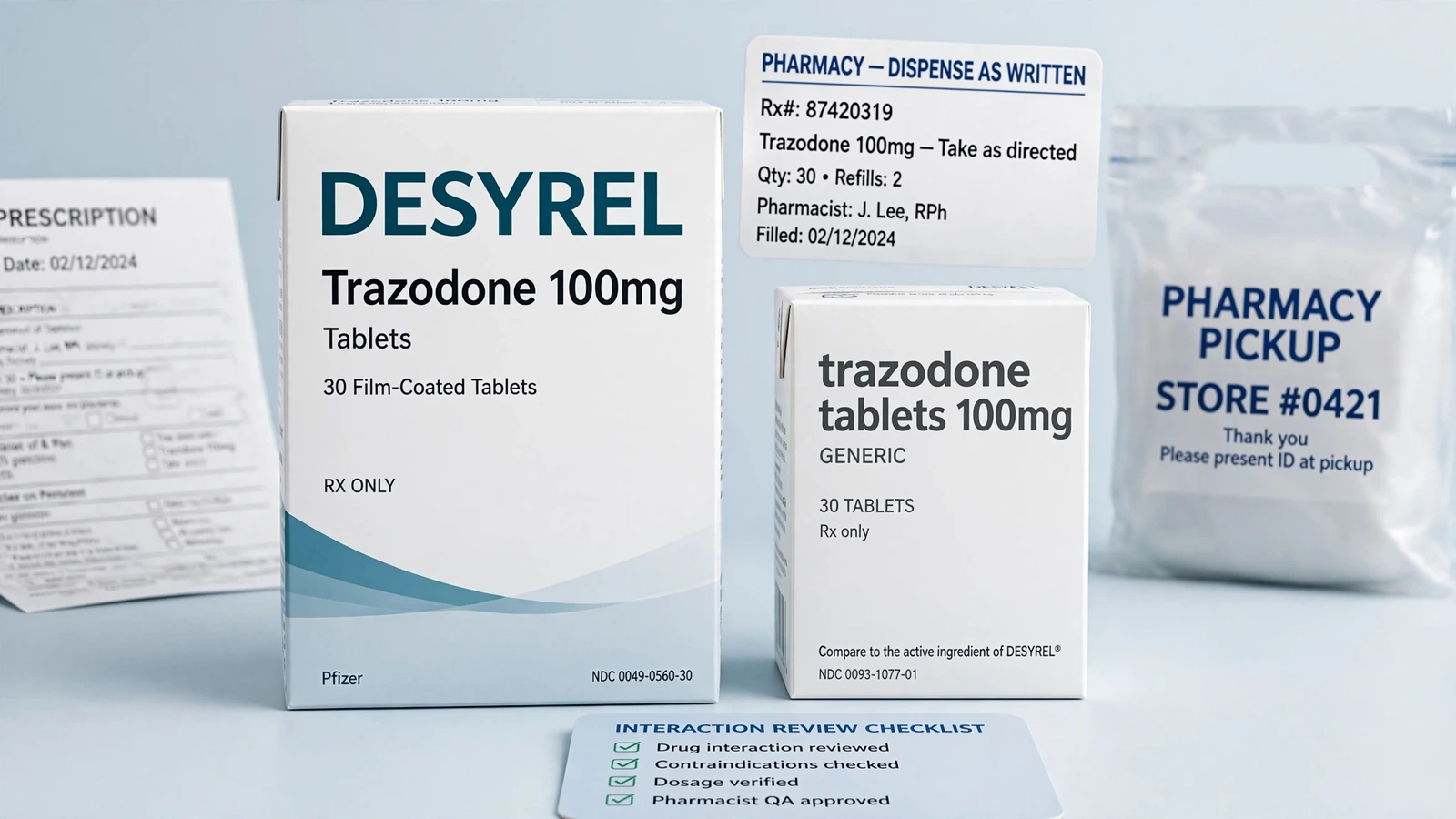 Desyrel and trazodone pharmacy packaging for Trazodone Drug Interactions to Review by Name