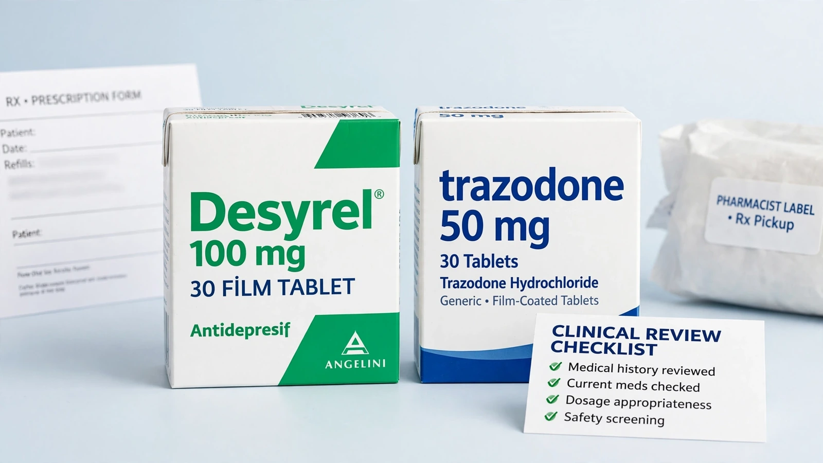 Desyrel and trazodone pharmacy packaging for What an Online Trazodone Clinical Review Checks