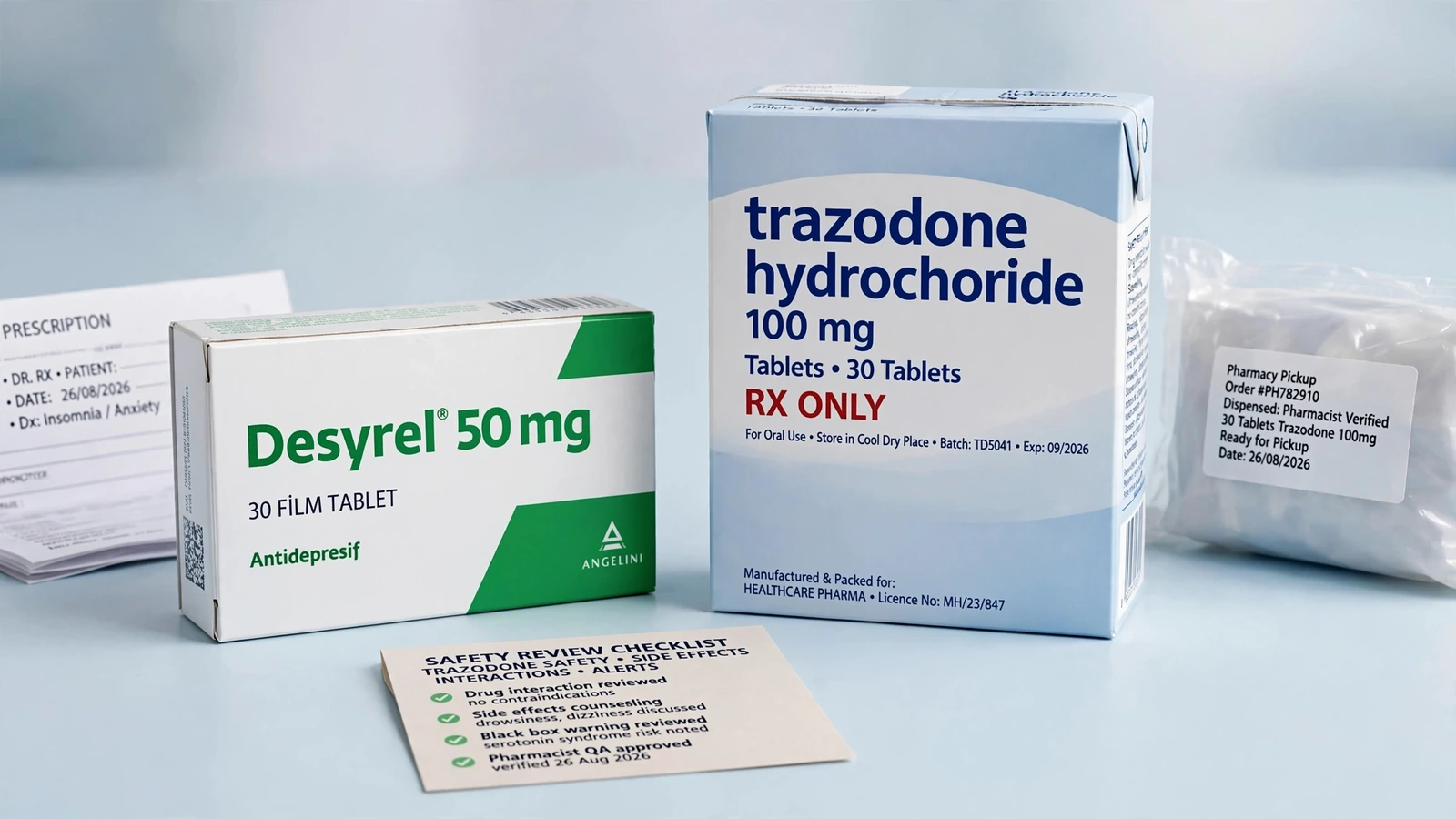 Desyrel and trazodone pharmacy packaging for Trazodone Safety, Interactions and Warning Signs