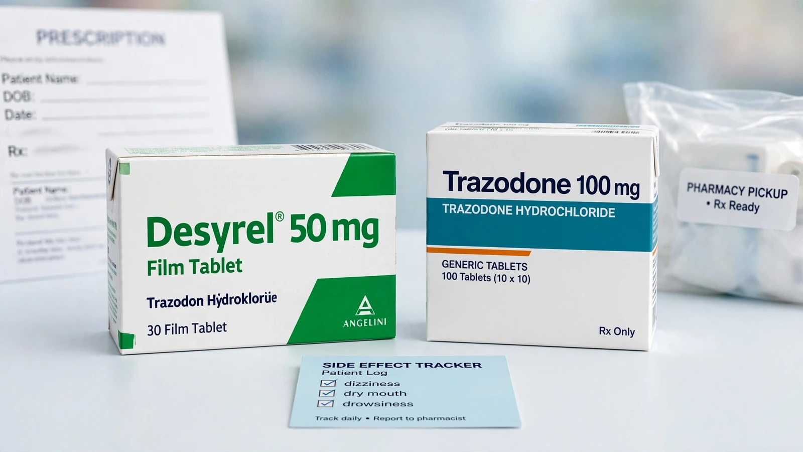 Desyrel and trazodone pharmacy packaging for Trazodone Side Effects From Monitoring to Urgent Care