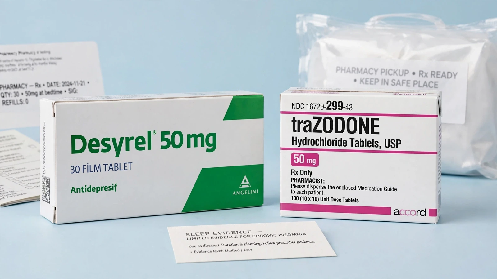 Desyrel and trazodone pharmacy packaging for Trazodone for Sleep: Evidence and Off-Label Boundaries