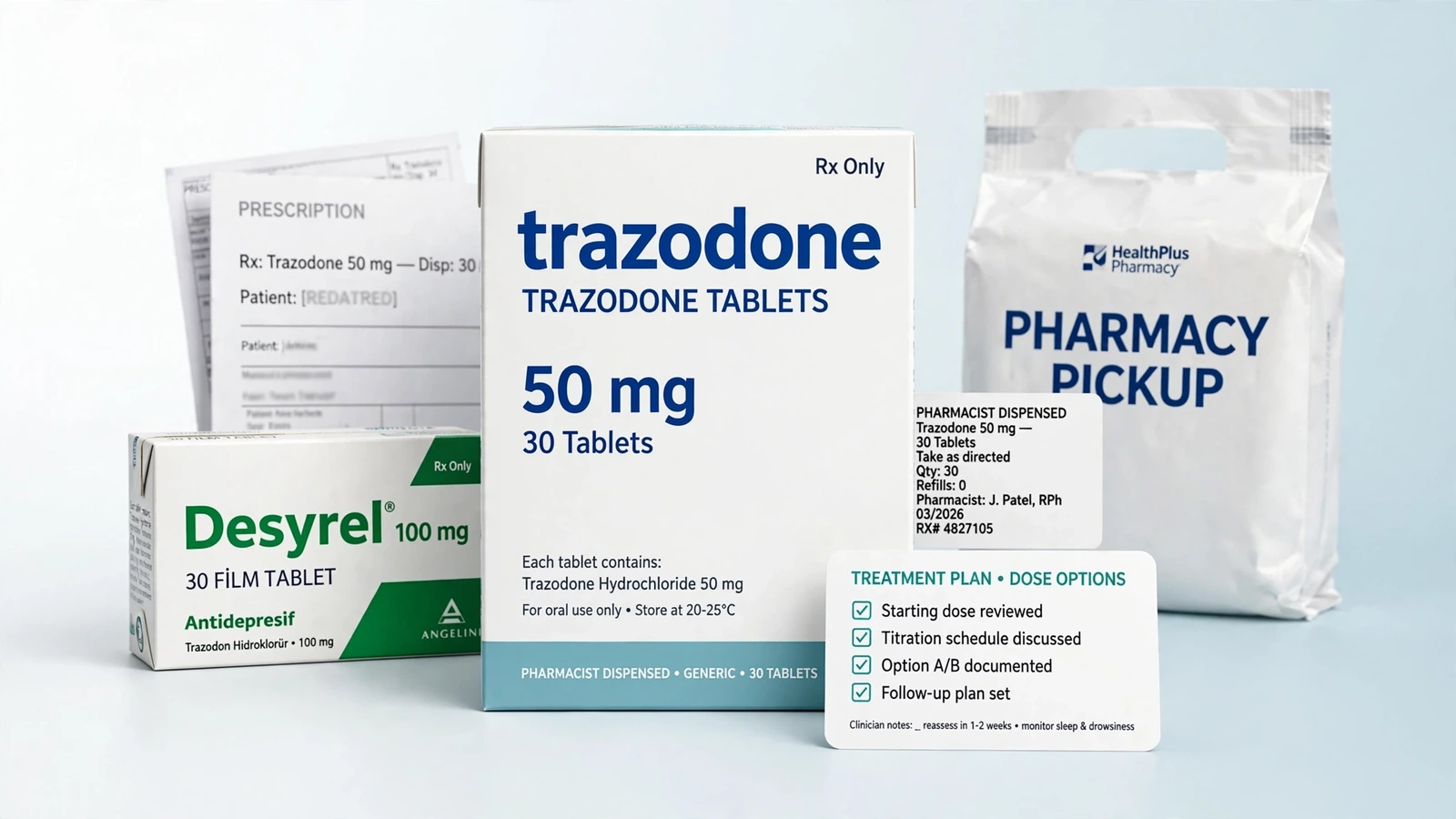 Desyrel and trazodone pharmacy packaging for Trazodone Treatment Planning From Start to Follow-Up
