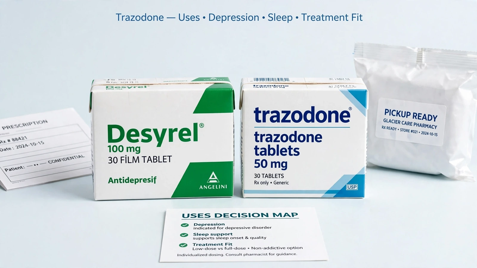 Desyrel and trazodone pharmacy packaging for Trazodone Uses, Evidence and Treatment Fit