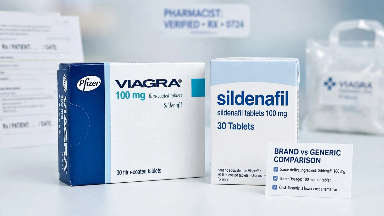 Viagra and sildenafil pharmacy packaging for Viagra vs Generic Sildenafil: What Actually Differs