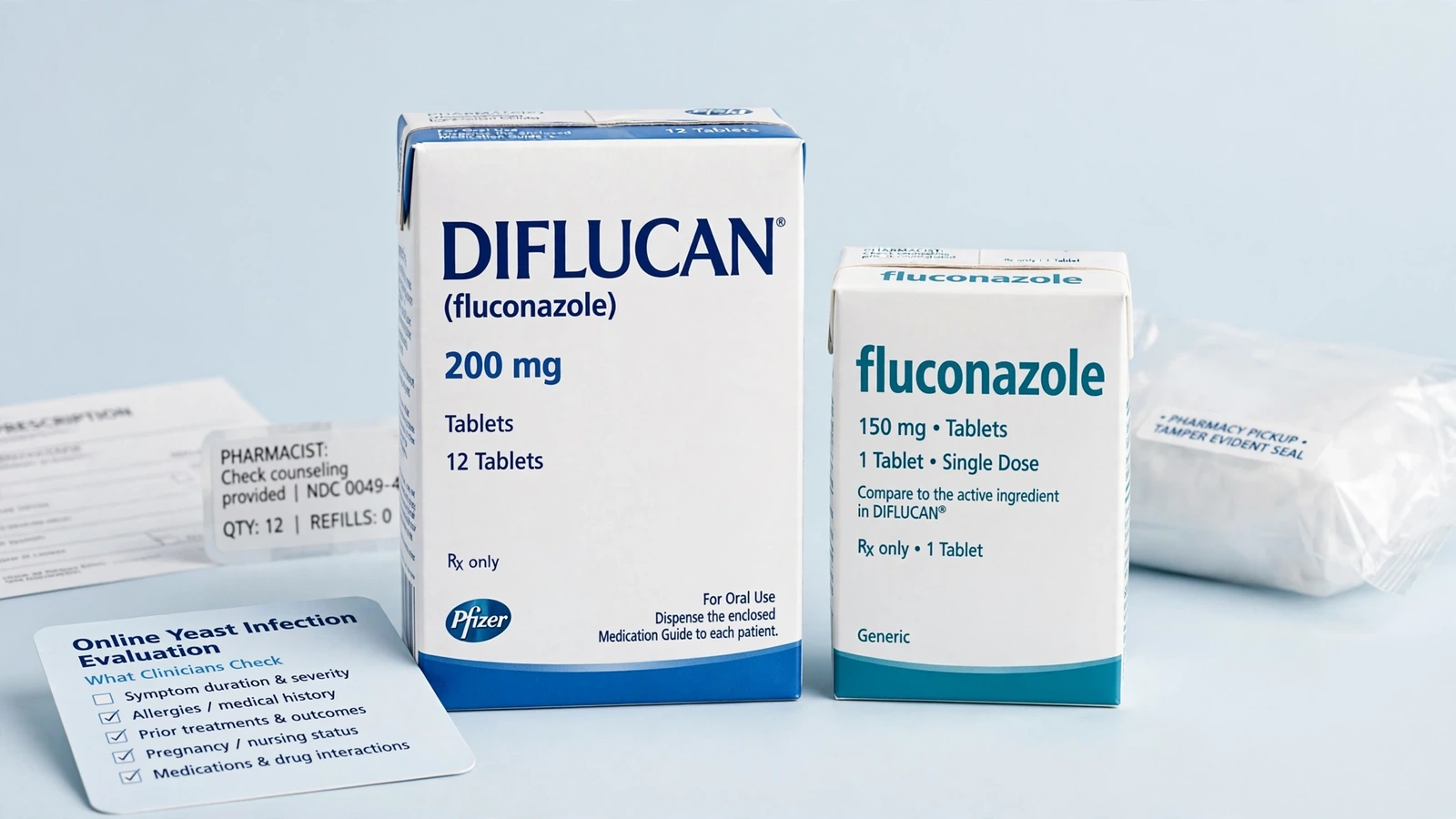 Diflucan and fluconazole pharmacy packaging for Online Yeast Infection Evaluation: What Clinicians Check