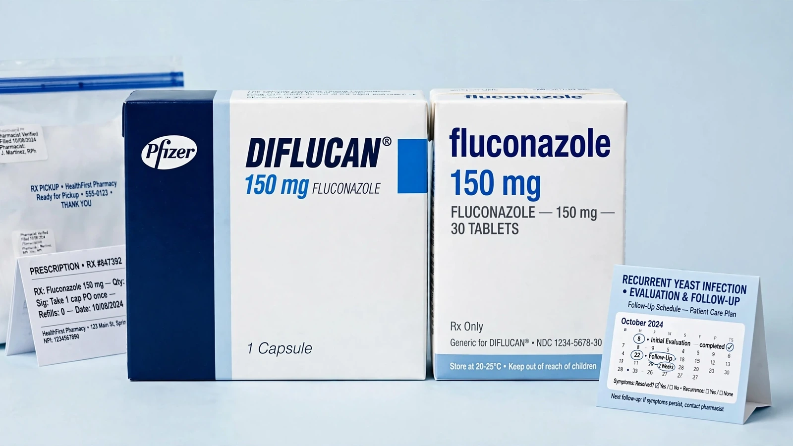Diflucan and fluconazole pharmacy packaging for Recurrent Yeast Infection Evaluation and Follow-Up