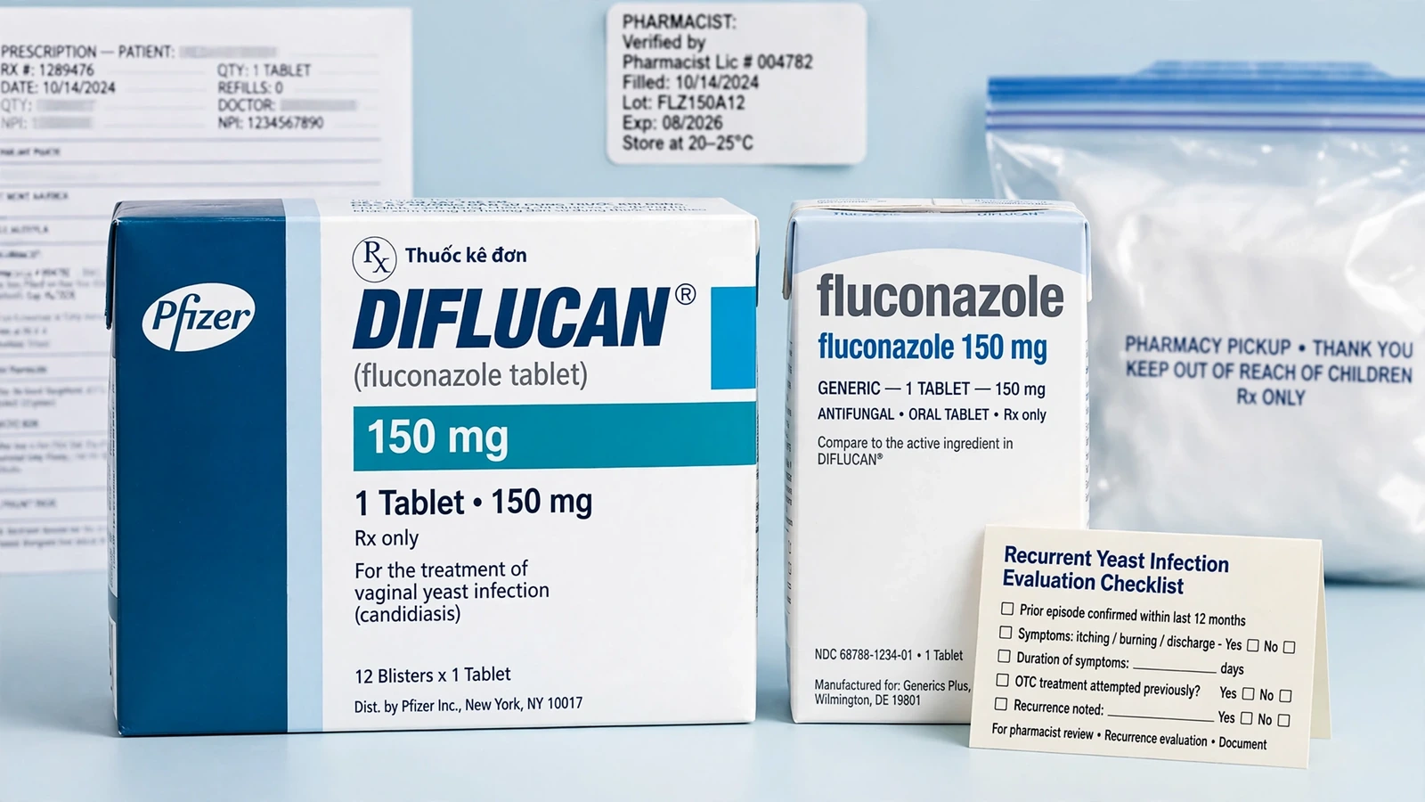 Diflucan and fluconazole pharmacy packaging for Recurrent Yeast Infection Evaluation Checklist