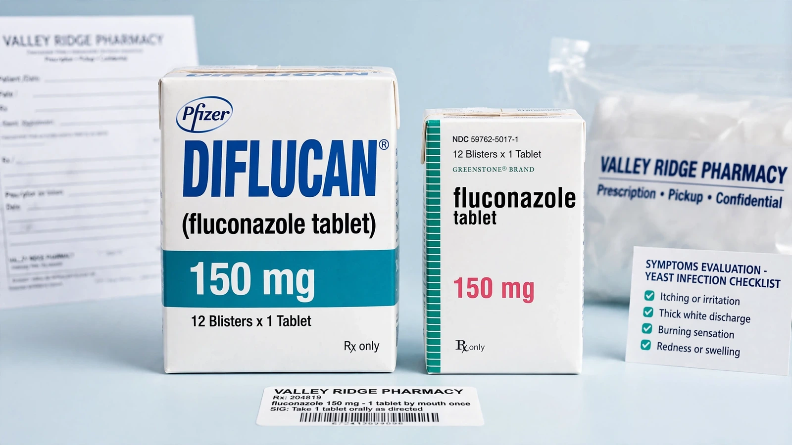 Diflucan and fluconazole pharmacy packaging for Yeast Infection Symptoms and Evaluation Guide