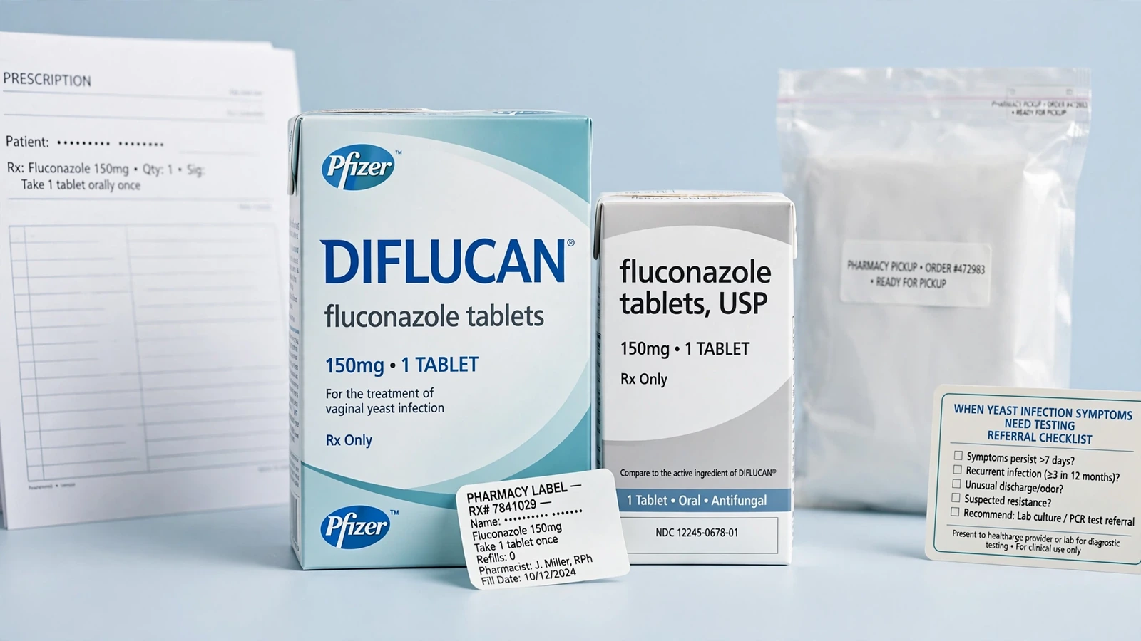 Diflucan and fluconazole pharmacy packaging for When Yeast Infection Symptoms Need Testing