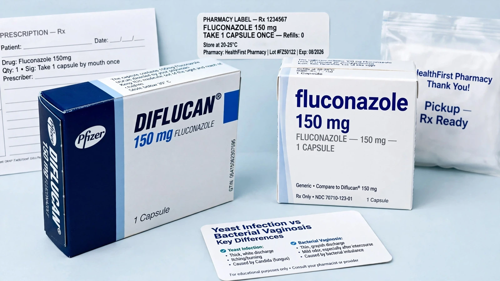 Diflucan and fluconazole pharmacy packaging for Yeast Infection vs Bacterial Vaginosis: Key Differences