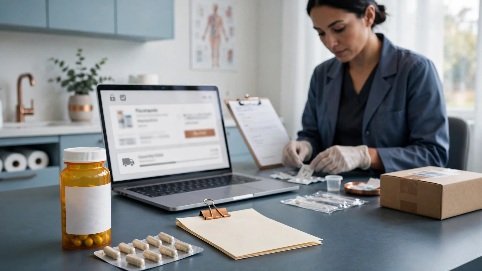 A clinician preparing labeled vaginal testing materials beside a symptom history form in a calm exam room.
